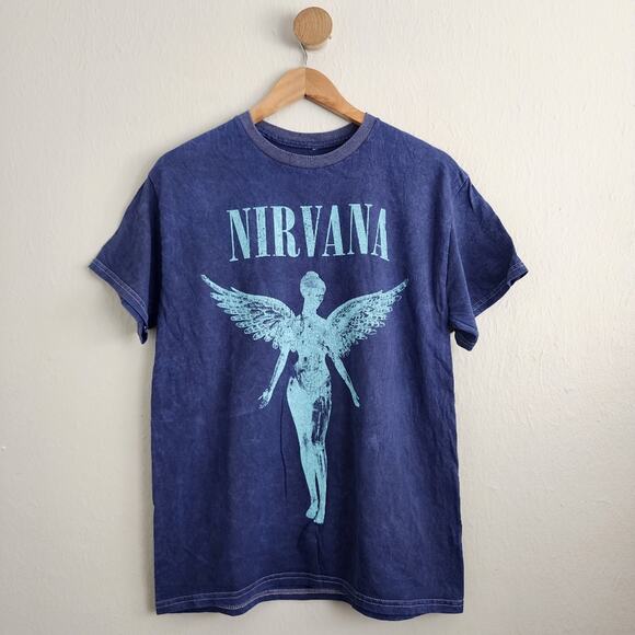NIRVANA Blue Short Sleeve 100% Cotton Crewneck T-shirt Angel Graphic Top - Picture 1 of 8